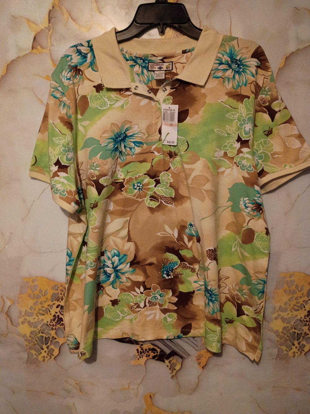 Caribbean Joe Floral Polo in Beige, Green & Teal